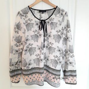 sanctuary Floral Boho Blouse With Tie At Neck Black White Pink Size M